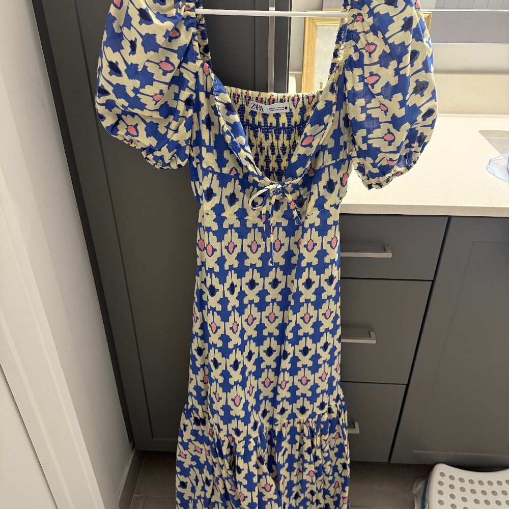 Zara Blue Cream Maxi Dress with Pink Details
